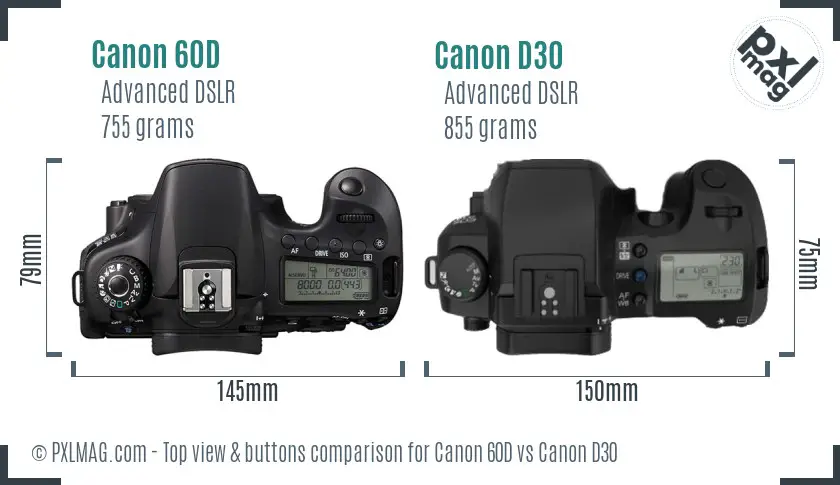 Canon 60D vs Canon D30 top view buttons comparison