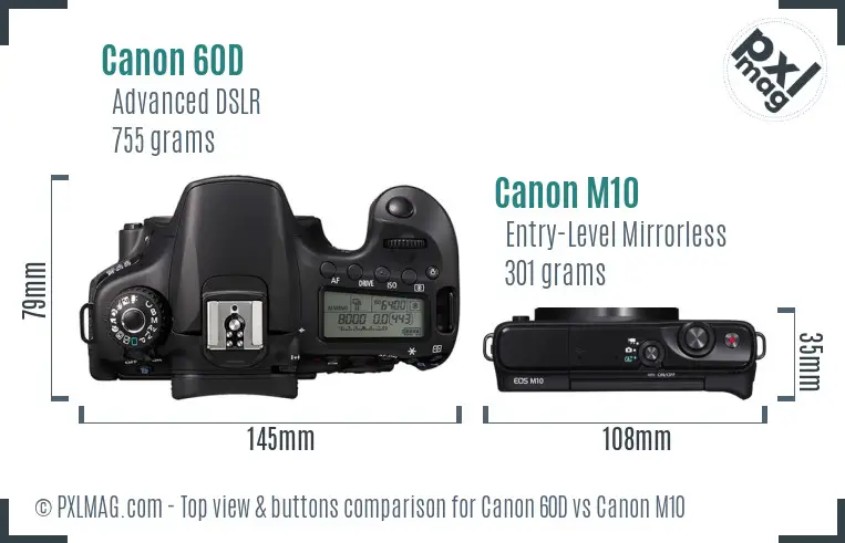 Canon 60D vs Canon M10 top view buttons comparison Canon 60D vs Canon M10 top view buttons comparison
