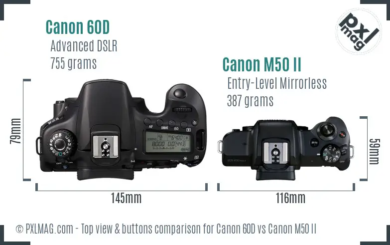 Canon 60D vs Canon M50 II top view buttons comparison