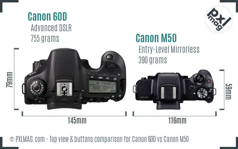 Canon 60D vs Canon M50 top view buttons comparison Canon 60D vs Canon M50 top view buttons comparison