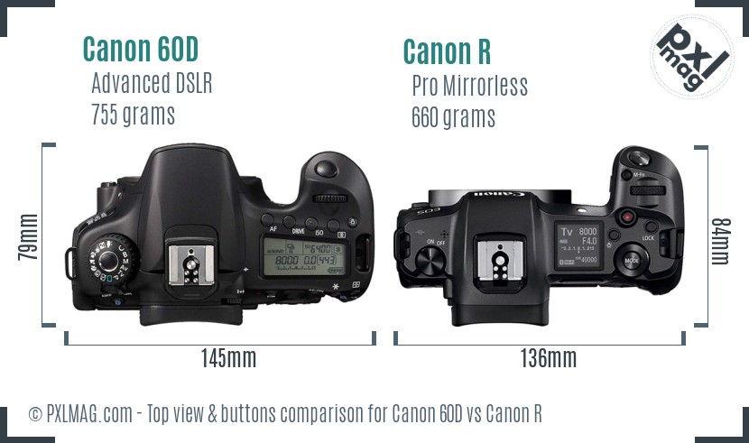 Canon 60D vs Canon R top view buttons comparison