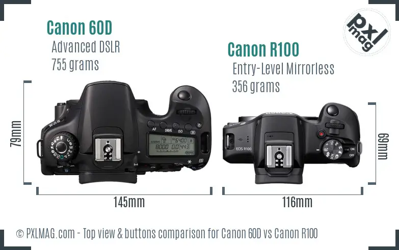Canon 60D vs Canon R100 top view buttons comparison Canon 60D vs Canon R100 top view buttons comparison
