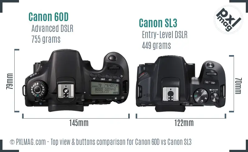 Canon 60D vs Canon SL3 top view buttons comparison