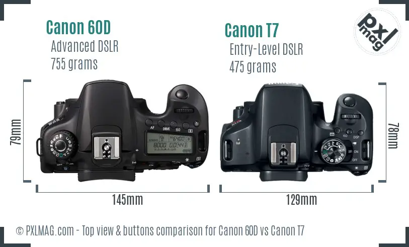Canon 60D vs Canon T7 top view buttons comparison Canon 60D vs Canon T7 top view buttons comparison