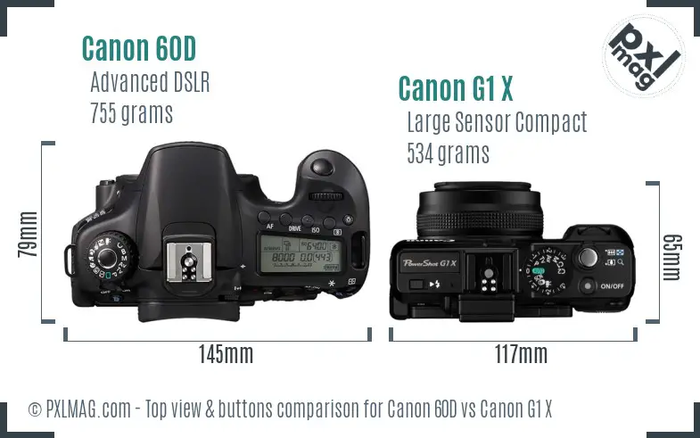 Canon 60D vs Canon G1 X top view buttons comparison Canon 60D vs Canon G1 X top view buttons comparison