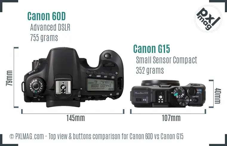 Canon 60D vs Canon G15 top view buttons comparison Canon 60D vs Canon G15 top view buttons comparison