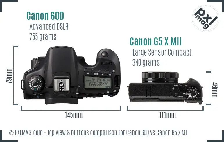 Canon 60D vs Canon G5 X MII top view buttons comparison Canon 60D vs Canon G5 X MII top view buttons comparison