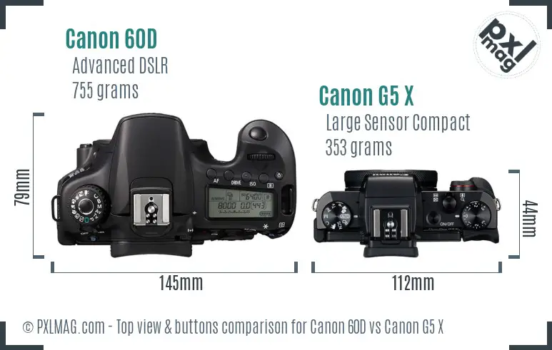 Canon 60D vs Canon G5 X top view buttons comparison