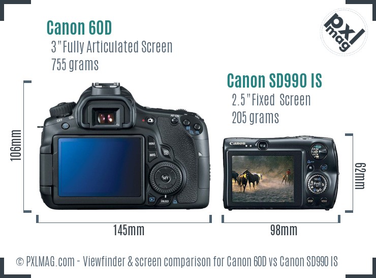 Canon 60D vs Canon SD990 IS Screen and Viewfinder comparison