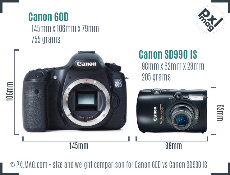 Canon 60D vs Canon SD990 IS size comparison