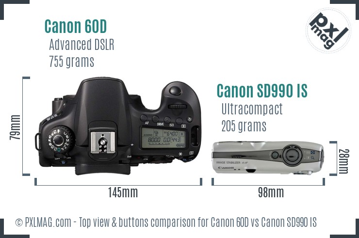 Canon 60D vs Canon SD990 IS top view buttons comparison