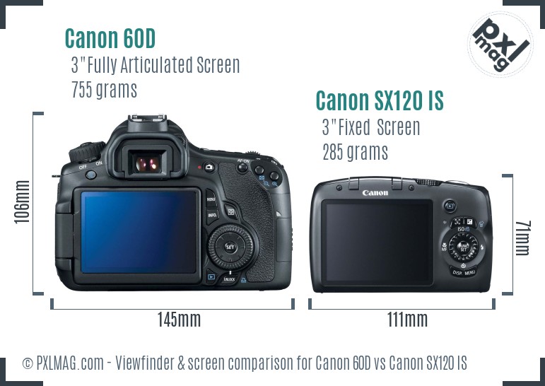 Canon 60D vs Canon SX120 IS Screen and Viewfinder comparison