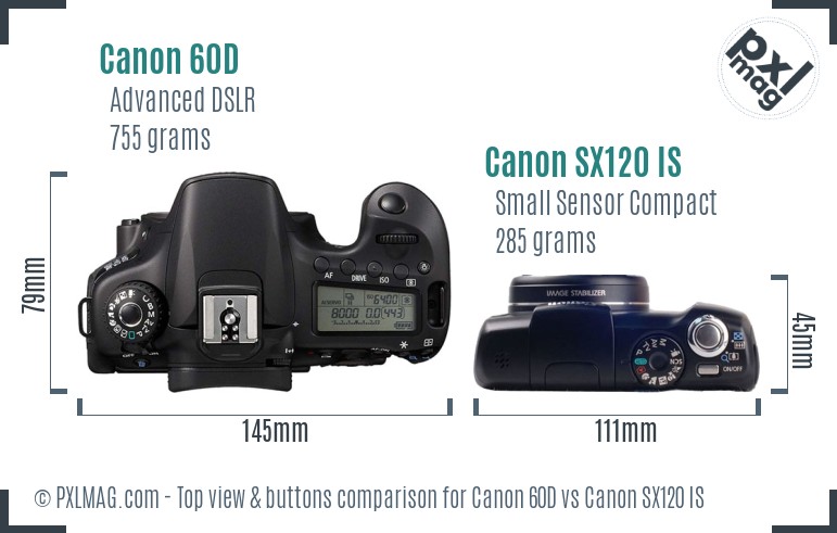 Canon 60D vs Canon SX120 IS top view buttons comparison