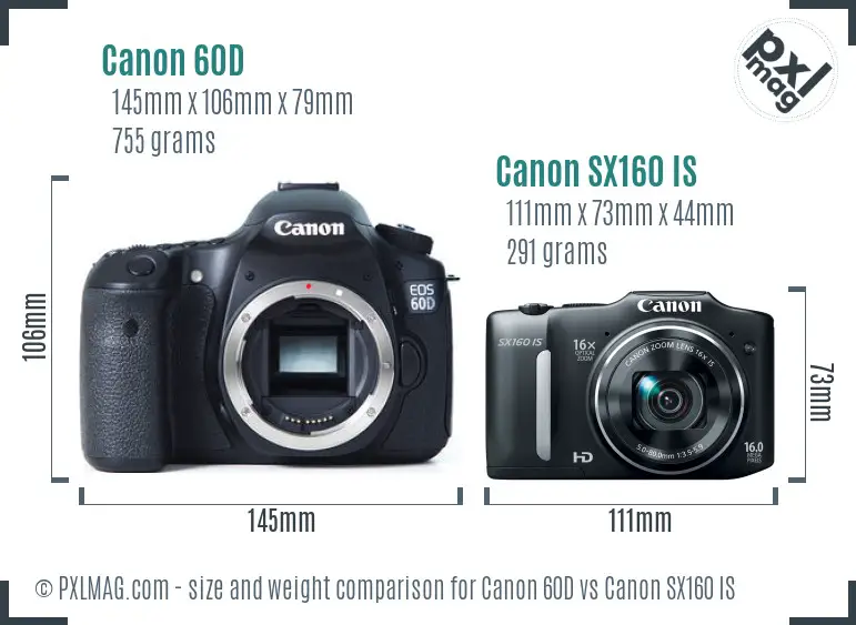 Canon 60D vs Canon SX160 IS size comparison Canon 60D vs Canon SX160 IS size comparison