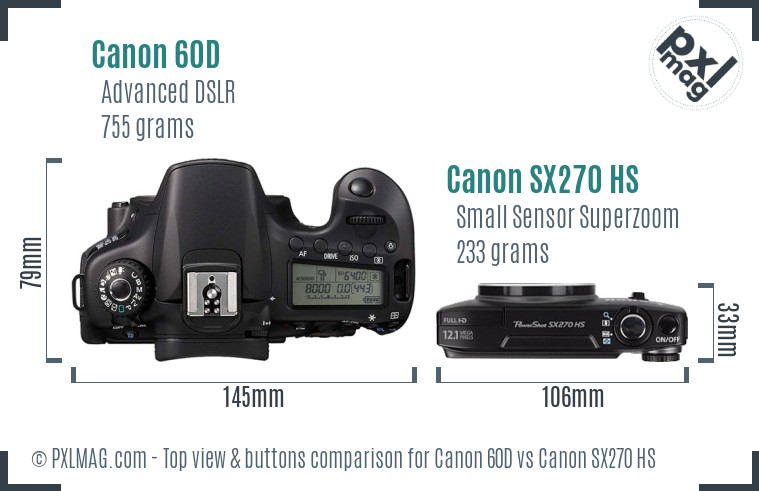 Canon 60D vs Canon SX270 HS top view buttons comparison
