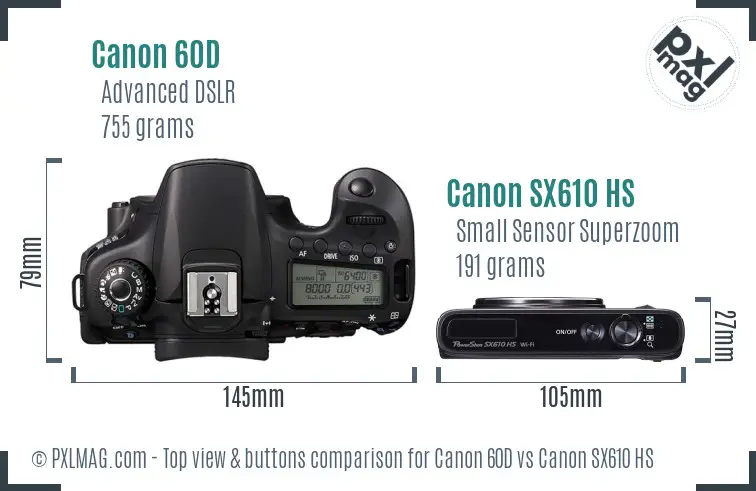 Canon 60D vs Canon SX610 HS top view buttons comparison Canon 60D vs Canon SX610 HS top view buttons comparison