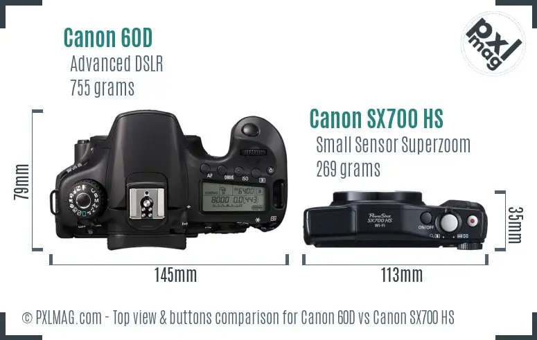 Canon 60D vs Canon SX700 HS top view buttons comparison