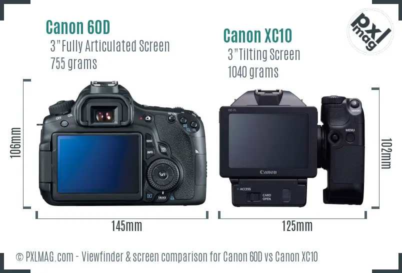 Canon 60D vs Canon XC10 Screen and Viewfinder comparison