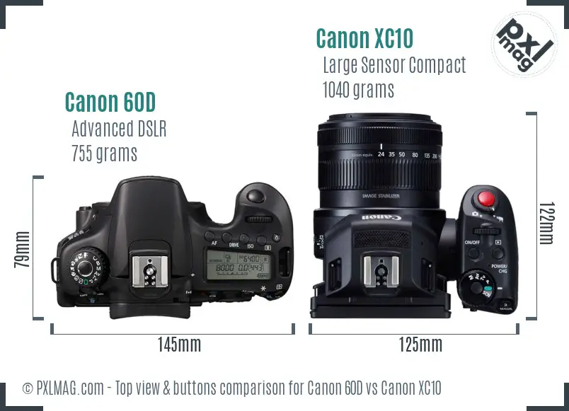 Canon 60D vs Canon XC10 top view buttons comparison