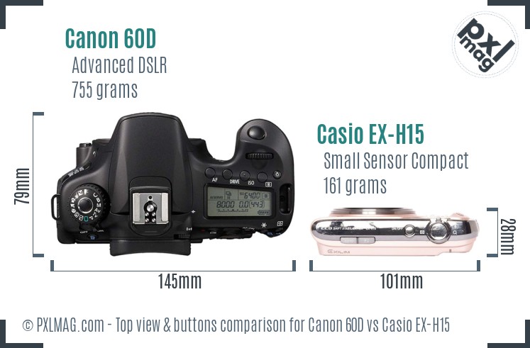 Canon 60D vs Casio EX-H15 top view buttons comparison