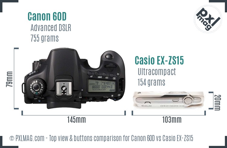 Canon 60D vs Casio EX-ZS15 top view buttons comparison