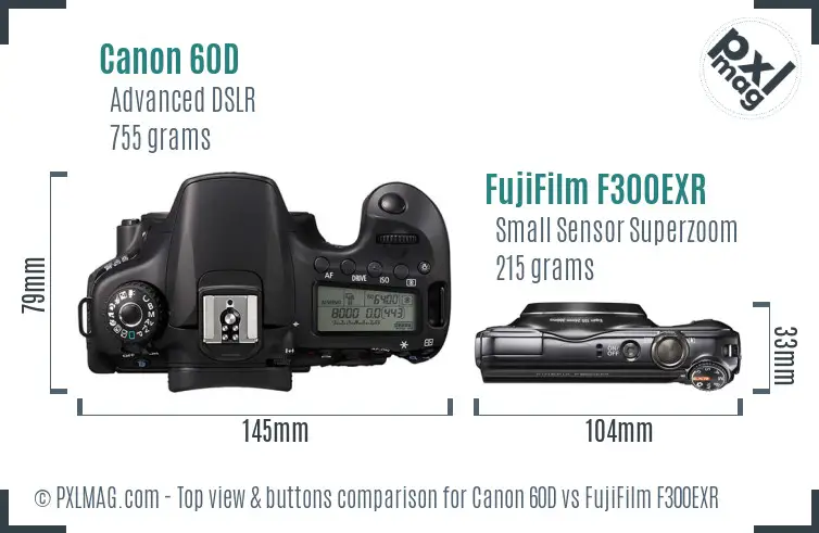 Canon 60D vs FujiFilm F300EXR top view buttons comparison