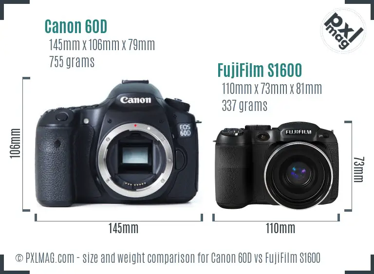 Canon 60D vs FujiFilm S1600 size comparison