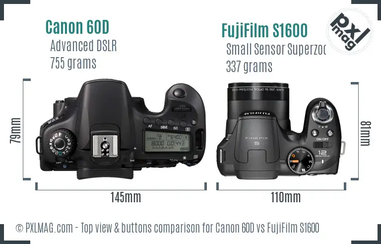 Canon 60D vs FujiFilm S1600 top view buttons comparison