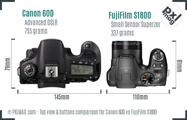 Canon 60D vs FujiFilm S1800 top view buttons comparison Canon 60D vs FujiFilm S1800 top view buttons comparison