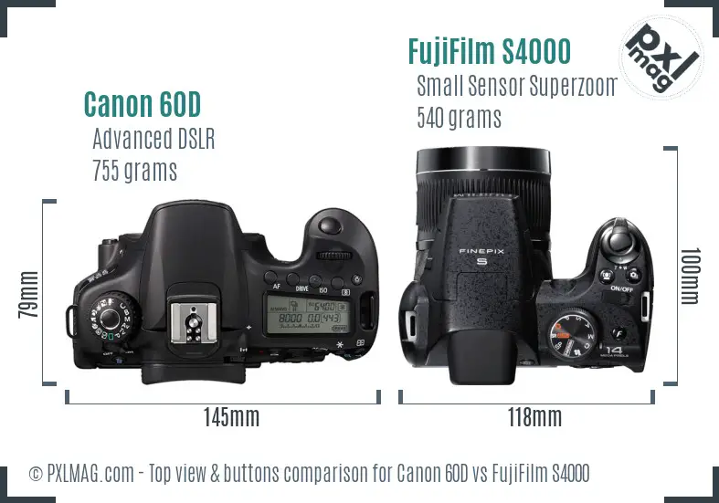 Canon 60D vs FujiFilm S4000 top view buttons comparison Canon 60D vs FujiFilm S4000 top view buttons comparison