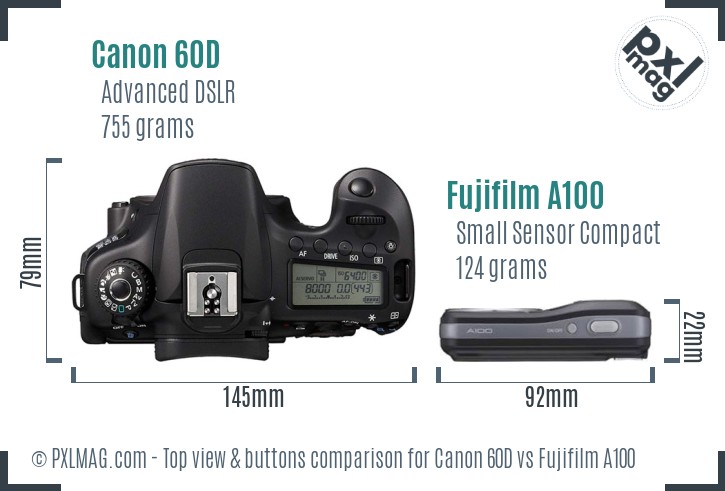 Canon 60D vs Fujifilm A100 top view buttons comparison