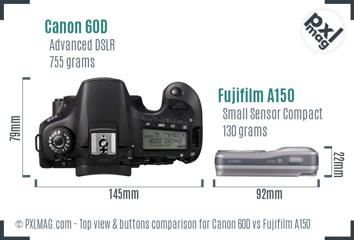 Canon 60D vs Fujifilm A150 top view buttons comparison