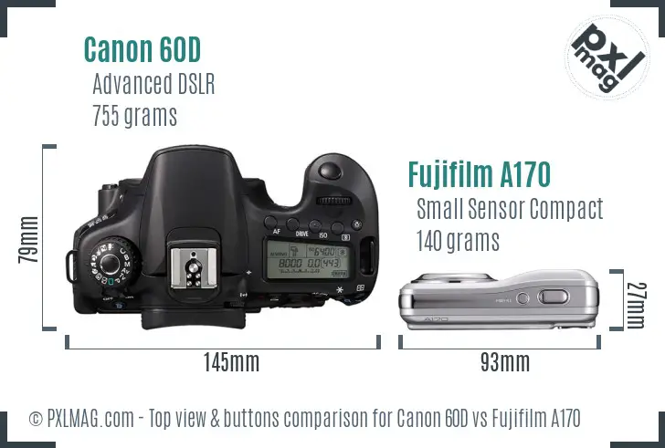 Canon 60D vs Fujifilm A170 top view buttons comparison