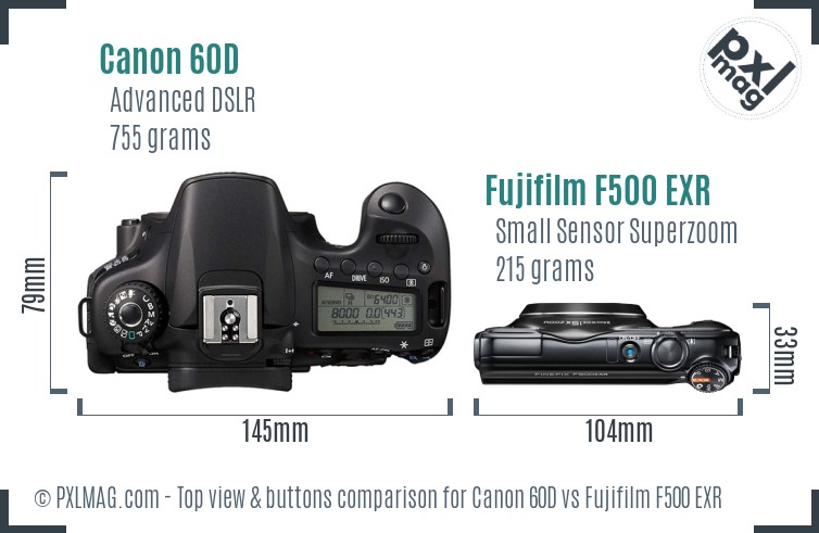 Canon 60D vs Fujifilm F500 EXR top view buttons comparison