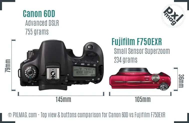 Canon 60D vs Fujifilm F750EXR top view buttons comparison
