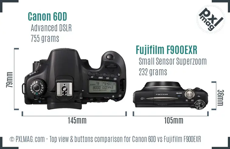 Canon 60D vs Fujifilm F900EXR top view buttons comparison Canon 60D vs Fujifilm F900EXR top view buttons comparison
