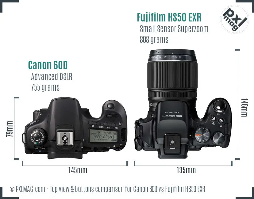 Canon 60D vs Fujifilm HS50 EXR top view buttons comparison Canon 60D vs Fujifilm HS50 EXR top view buttons comparison