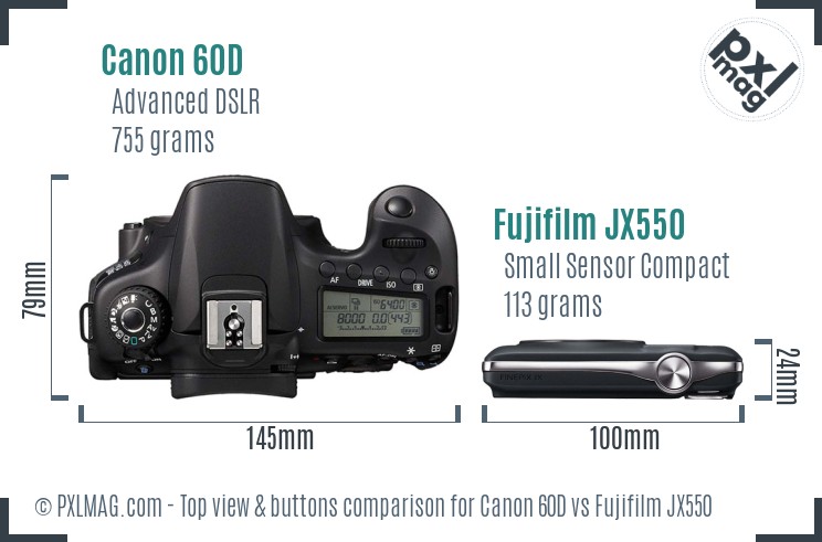 Canon 60D vs Fujifilm JX550 top view buttons comparison