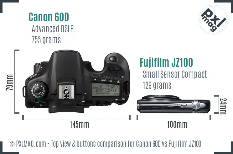 Canon 60D vs Fujifilm JZ100 top view buttons comparison Canon 60D vs Fujifilm JZ100 top view buttons comparison