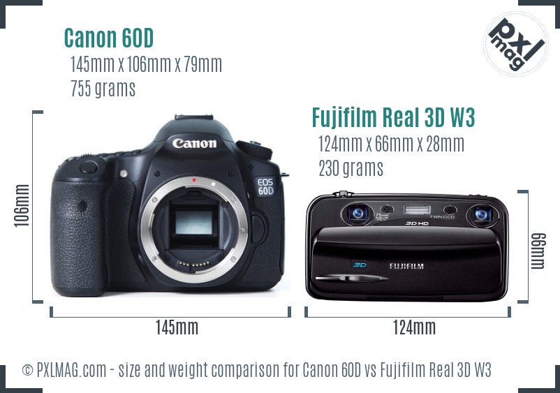 Canon 60D vs Fujifilm Real 3D W3 size comparison Canon 60D vs Fujifilm Real 3D W3 size comparison
