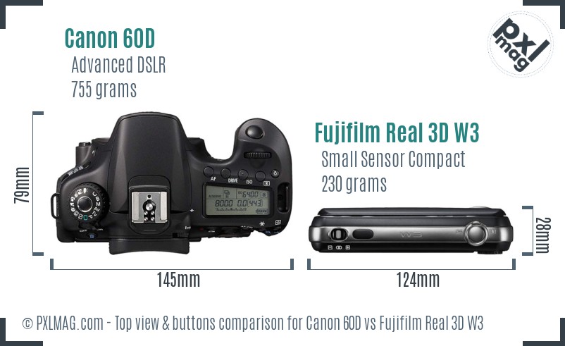 Canon 60D vs Fujifilm Real 3D W3 top view buttons comparison