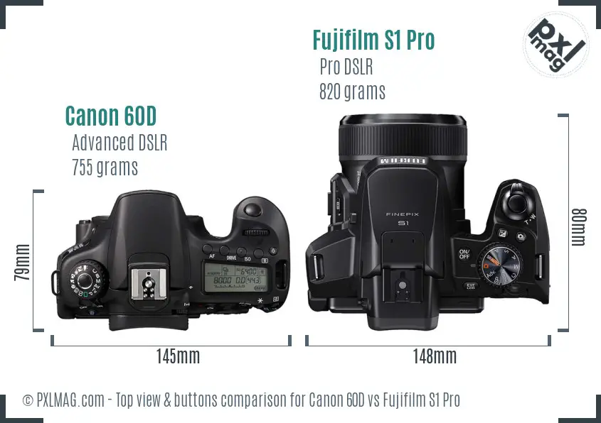 Canon 60D vs Fujifilm S1 Pro top view buttons comparison