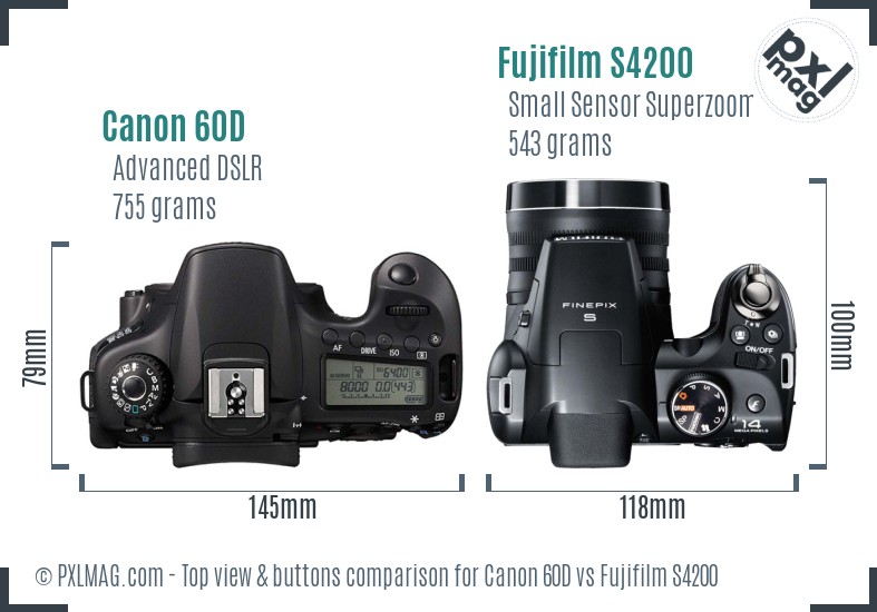 Canon 60D vs Fujifilm S4200 top view buttons comparison