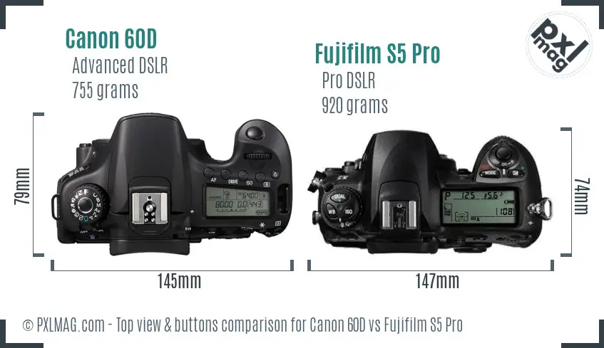 Canon 60D vs Fujifilm S5 Pro top view buttons comparison