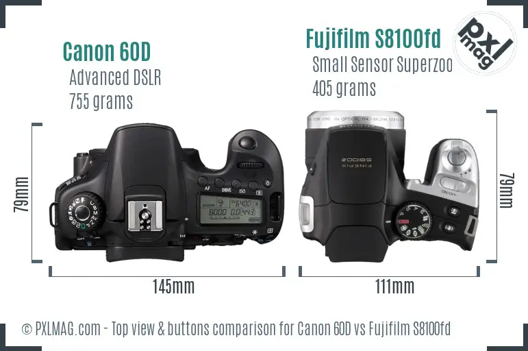 Canon 60D vs Fujifilm S8100fd top view buttons comparison