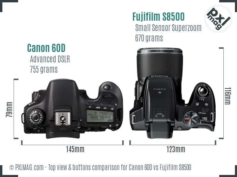 Canon 60D vs Fujifilm S8500 top view buttons comparison Canon 60D vs Fujifilm S8500 top view buttons comparison