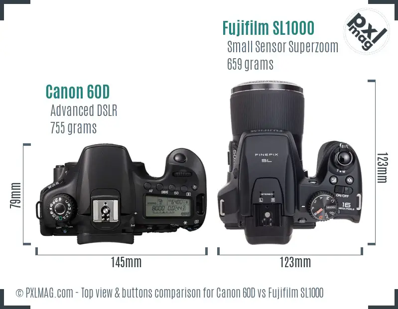 Canon 60D vs Fujifilm SL1000 top view buttons comparison Canon 60D vs Fujifilm SL1000 top view buttons comparison