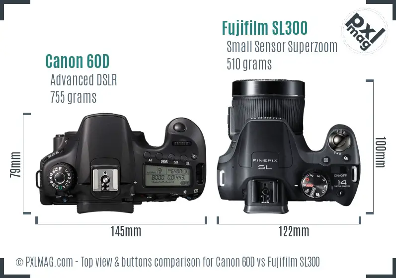 Canon 60D vs Fujifilm SL300 top view buttons comparison