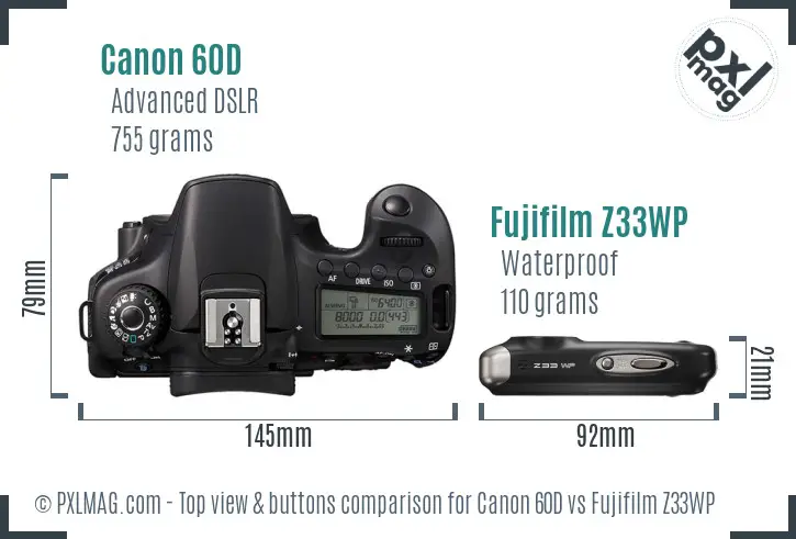 Canon 60D vs Fujifilm Z33WP top view buttons comparison