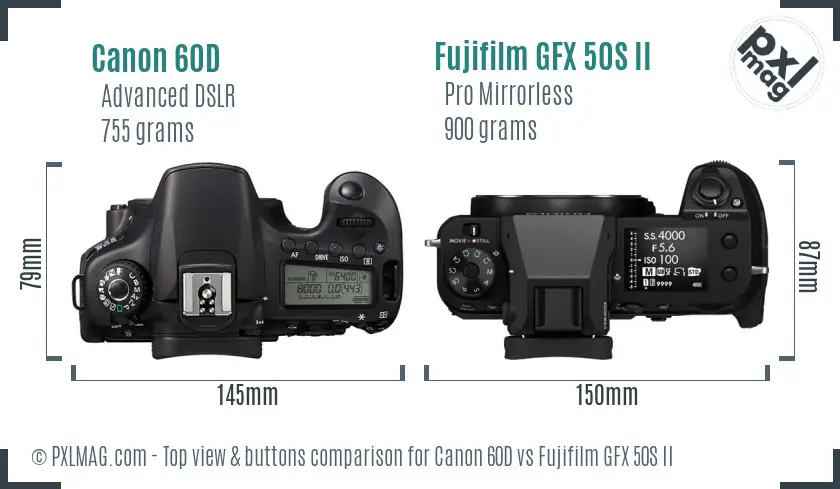 Canon 60D vs Fujifilm GFX 50S II top view buttons comparison Canon 60D vs Fujifilm GFX 50S II top view buttons comparison